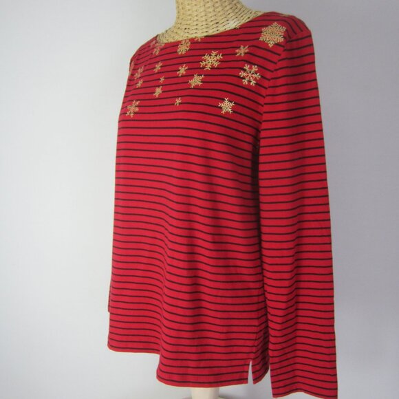 NEW Talbots Women Petite Medium PM Red Black Gold Stripe Snowflake Shirt NWT $45 - Picture 4 of 11